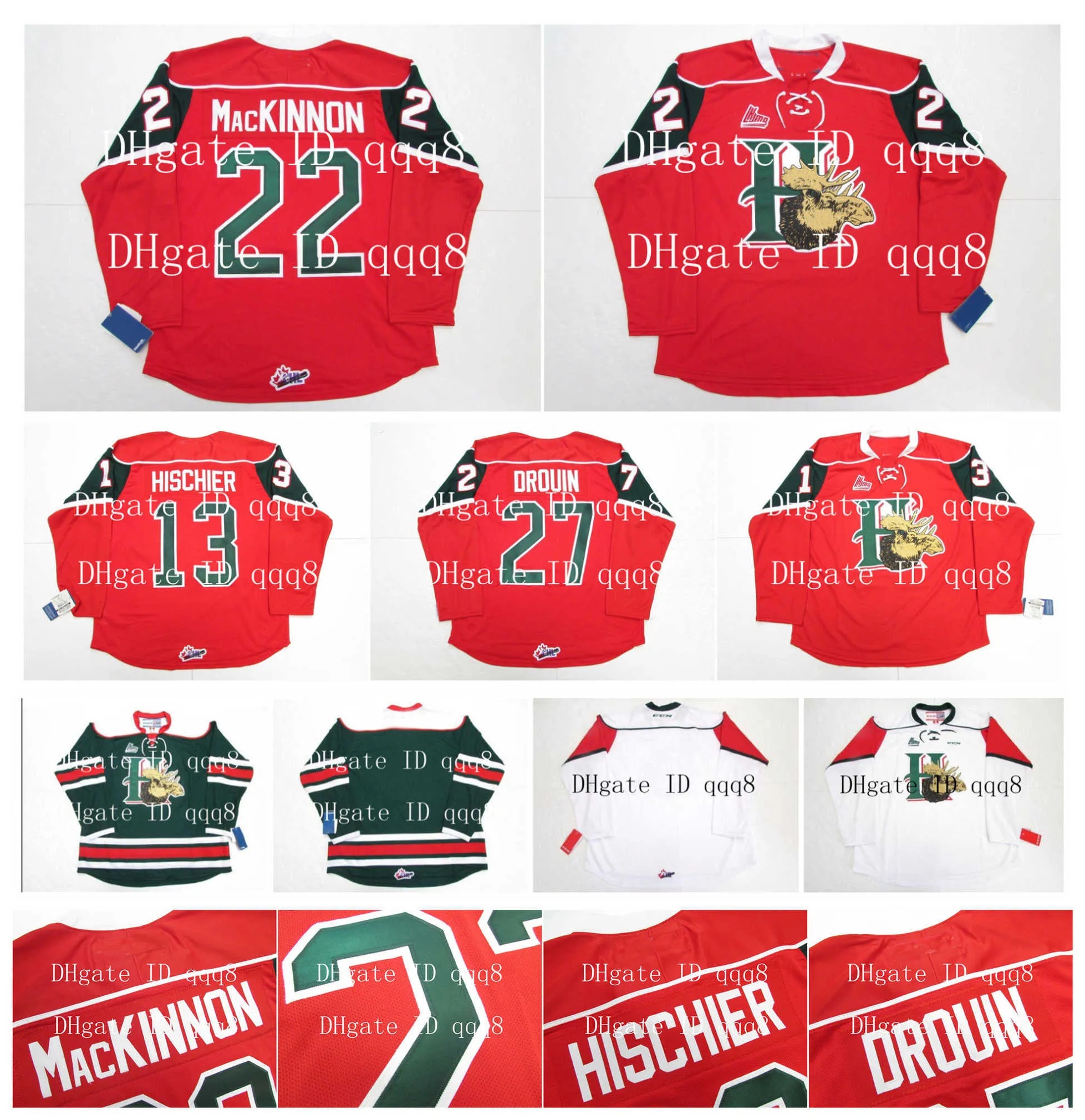 

QMJHL Halifax Mooseheads Jerseys 22 NATHAN MacKINNON 13 NICO HISCHIER 27 JONATHAN DROUIN Red White Green100% Stitching Custom Hockey Jerseys