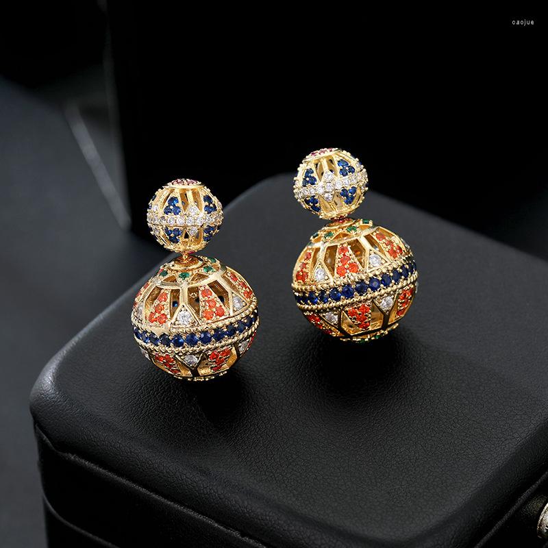 

Stud Earrings JZYD Luxury Hollow Designer Colorful Zircon Two Side Ball Vintage Enthic Jewelry For Women Party Gift