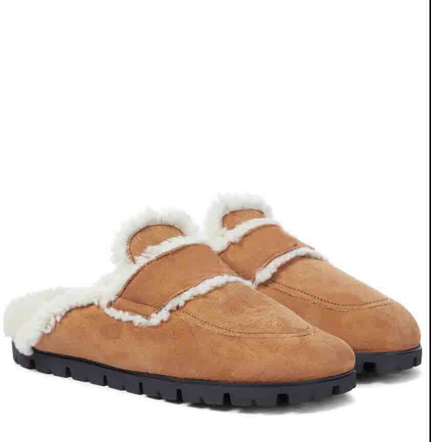Luxury designer shoes Women warm wool slipper closed toe Shearling-lined suede slippers shearling slipper brown black with box 35-41