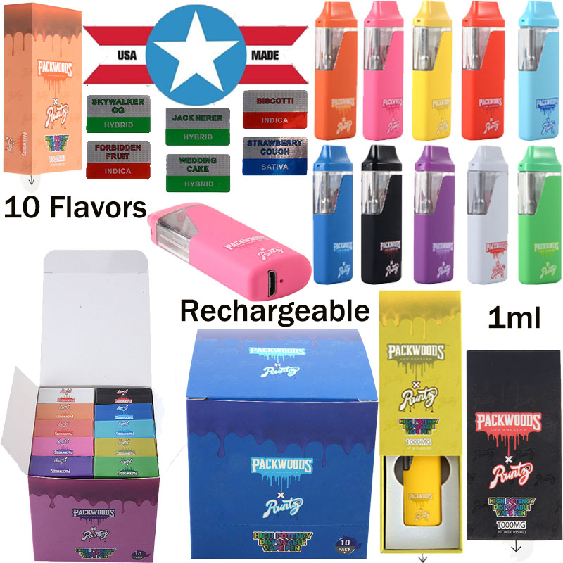 

USA Packwoods X Runtz E Cigarettes Rechargeable Disposable Vape Pens Starter Kit Empty Device Pods Micro USB Charger Connectors 1ml Preheat Thick Oil 10 Flavors