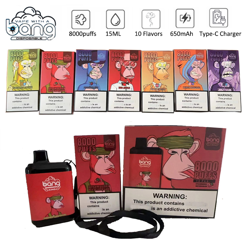 

Bang 8000 King disposable Bar vape pen 8000 puffs Device E cigarette 650mah 15ml per-filled cartridges pod Mesh Coil Vaporizers Box with Lanyard 0% 2% 3% 5%