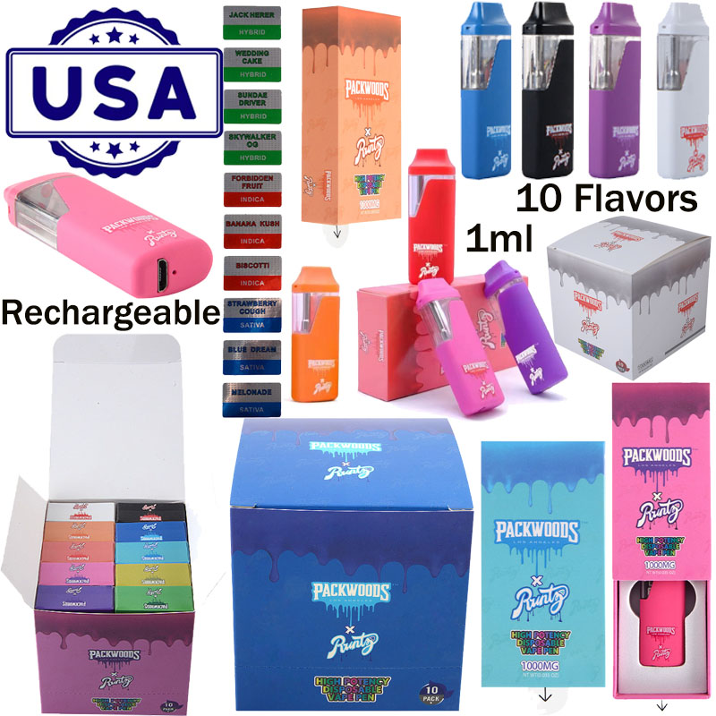 

USA Packwoods X Runtz E Cigarettes Rechargeable Disposable Vape Pens Starter Kit Empty Device Pods Micro USB Charger Connectors 1ml Preheat Thick Oil 10 Flavors