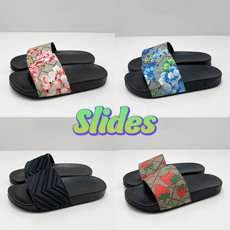 

With Box Designer slippers mens Rubber Slide black floral strawberry print canvas blue flowers shoes luxury summer beach sandals fashion men women slipper