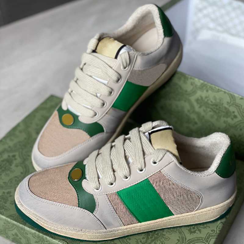 

Men Women Screener Sneakers Italy Dirty Leather Shoe Green Red Stripe Luxury Designers Canvas Ace Casual Shoes Classic Butter Distressed, Color 1