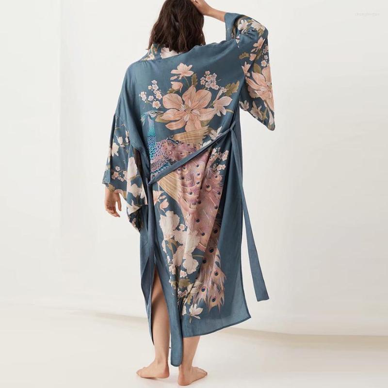 

Women' Blouses Autumn Kaftan Waterfall Robe Deep Blue Floral Print Kimono Sleeve Boho Cardigan Side Slits Gypsy Bikini Cover Beach, 60259
