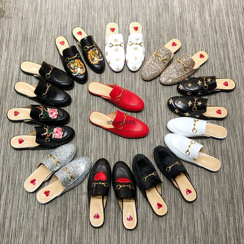 

Designer Women Summer Princetown Lace Velvet Slippers Mules Loafers Genuine Leather Flats With Buckle Bees Snake Pattern With Box, Black leather with bee star