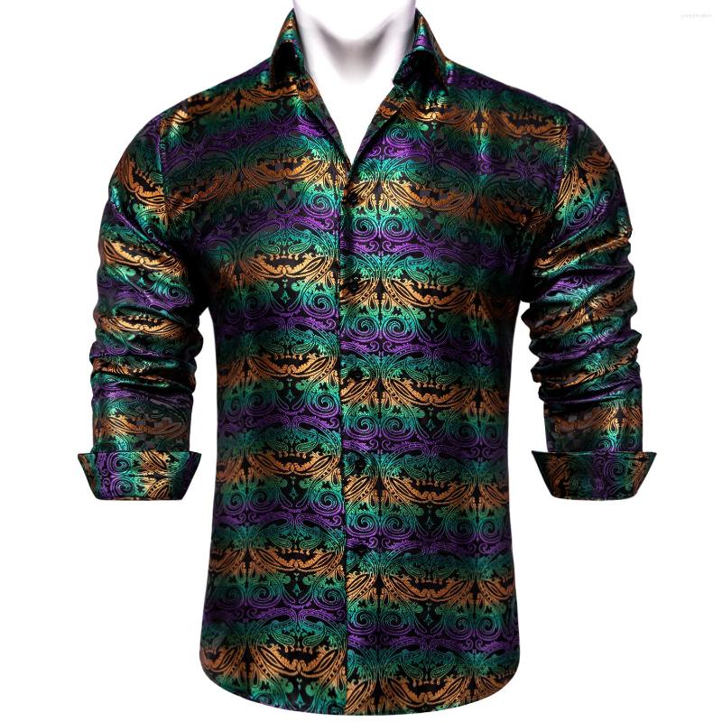 

Men' Dress Shirts Purple Green Yellow Paisley For Men Silk Polyster Long Sleeve Luxury Tuxedo Shirt Wedding Party Clothing, Cyc-2031