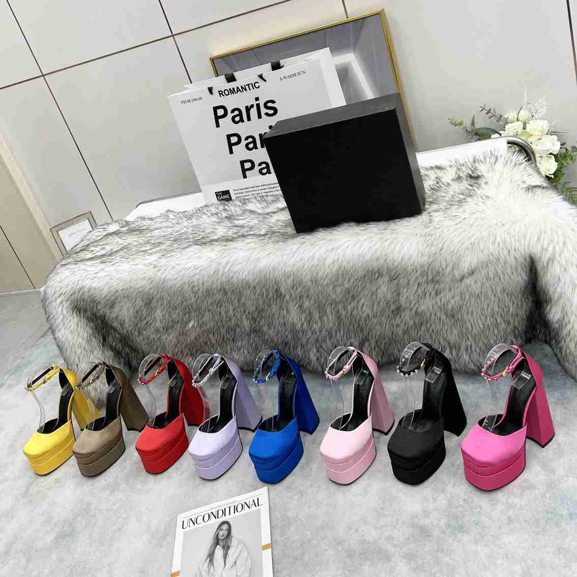 

Designer AEVITAS Sandals Waterproof High Heels Pumps Ankle Strap Decorated Shoes Personalized Satin Catwalk Platform Sandal Women Sandals