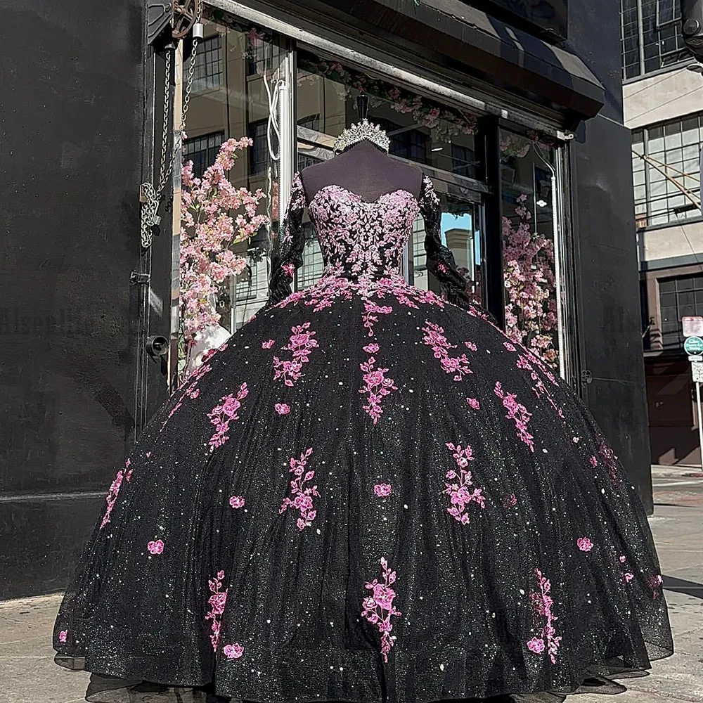 

Black Sequins Quinceanera Dresses Pink Lace Applique Long Sleeves Beaded Sweetheart Neckline Custom Made Tulle Sweet 15 16 Princess Pageant Ball Gown vestidos