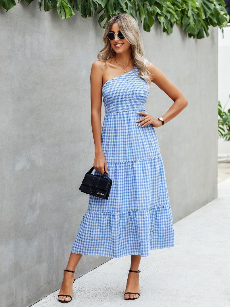 

Casual Dresses Spring/Summer Women' Short Polyester Fiber Fashion Print Small Plaid One Shoulder Pleated Dress 2023 Products, Black