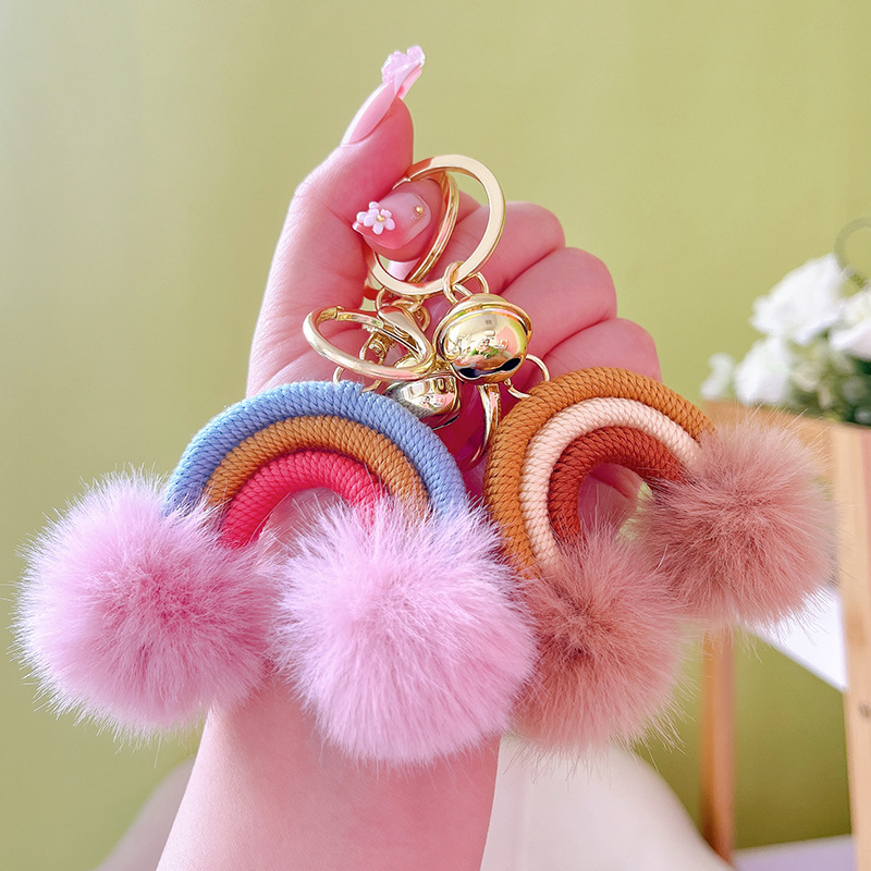 

Creative new women's keychain rainbow hairball keychains bulk Bohemian style keyring pendant fashion personality key car bag hanging ornaments wholesale