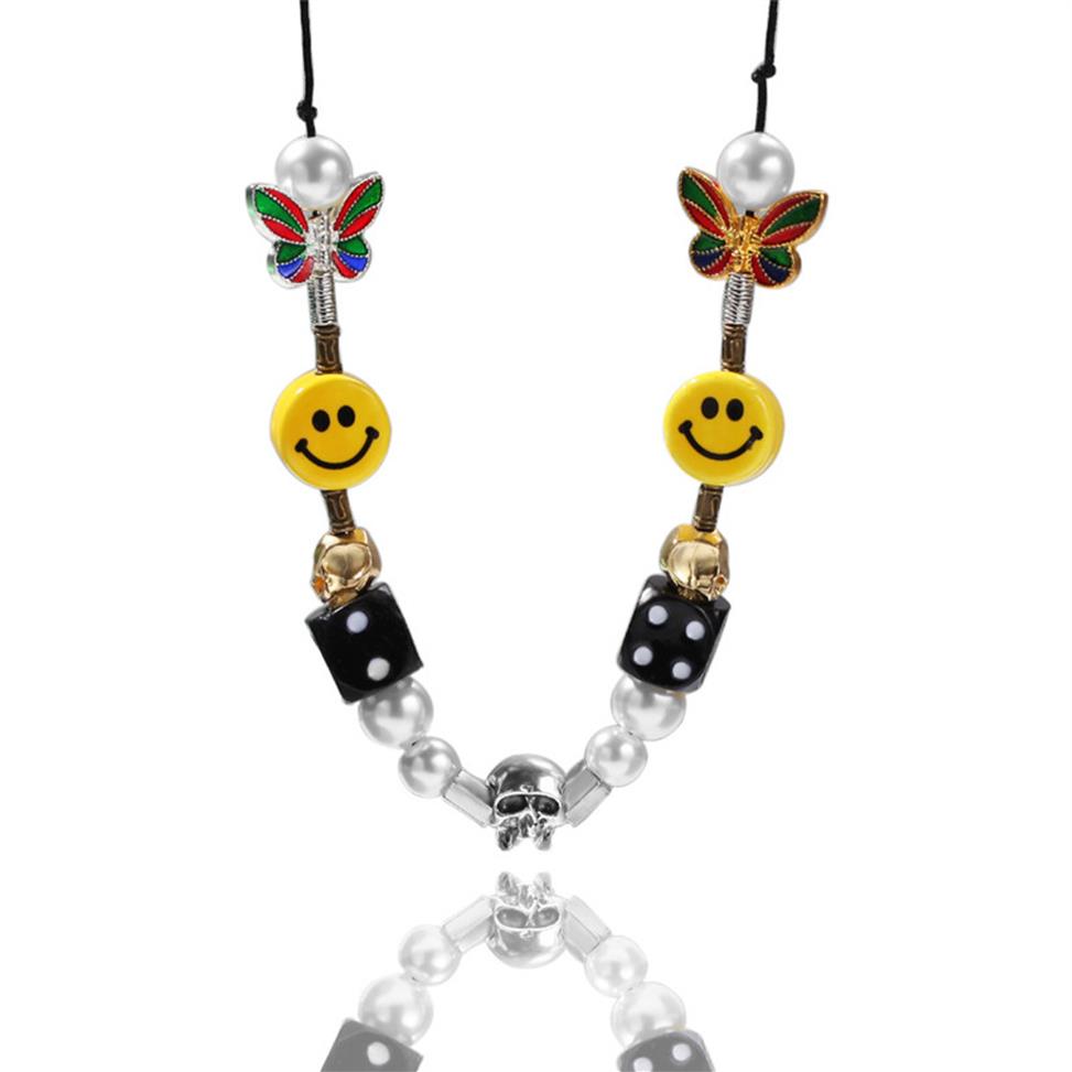 

Hip Hop Mens Pearl Necklace Bracelets Dice Skull Face Smile Pearl Smiley Necklace for Men Women201b