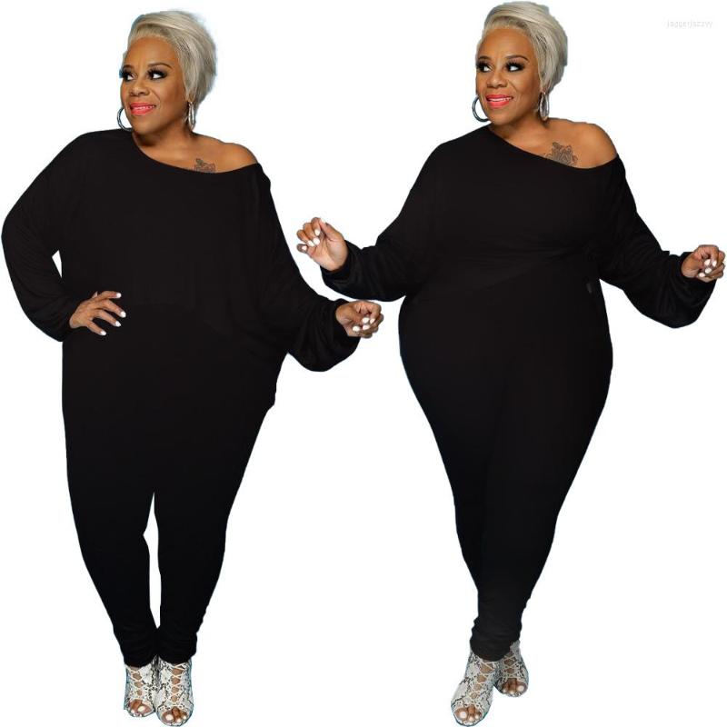 

Tracksuits Plus Size Women Sets Fall Fashion Commuter Pure Color Long Sleeves Inclined Shoulder Casual Clothing Wholesale Drop, Black