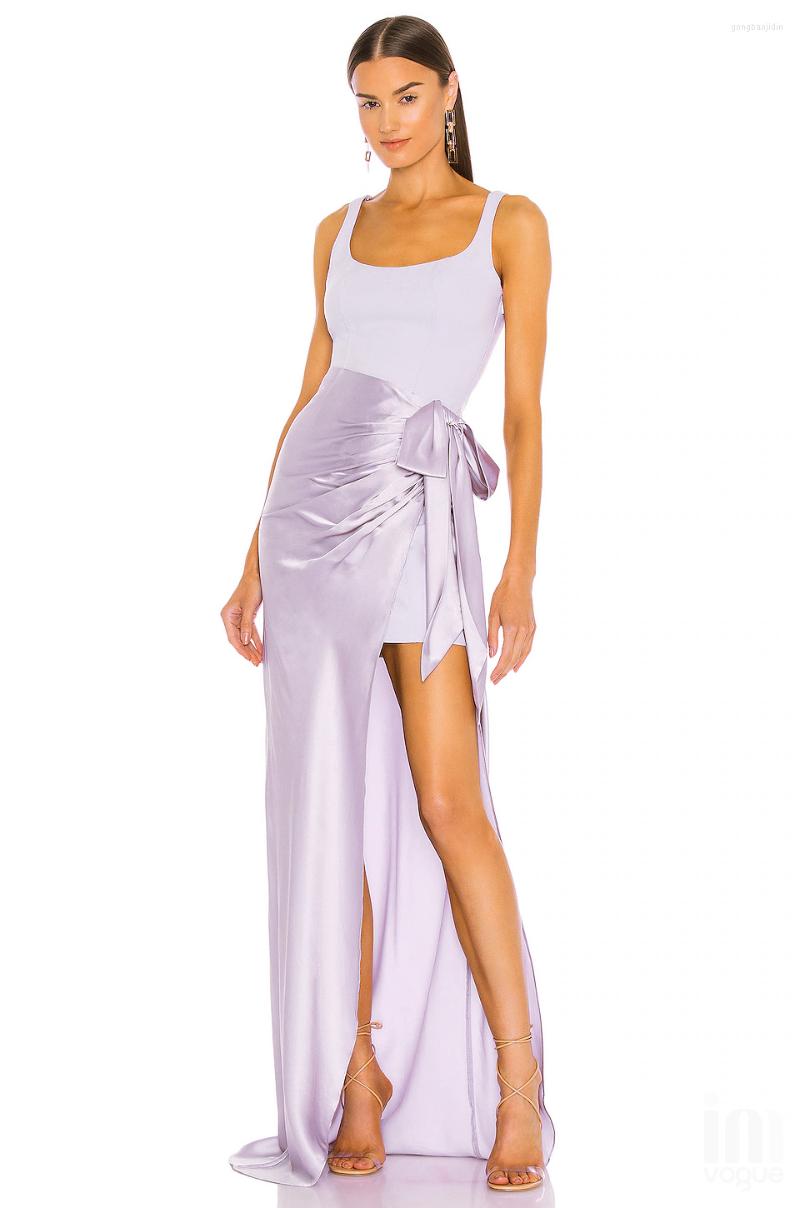 

Casual Dresses Arrival Purple Ruched Satin Floor Length Dress Drawstring Spaghetti Straps Cowl Neck Backless Long For Women Party S, Lavender