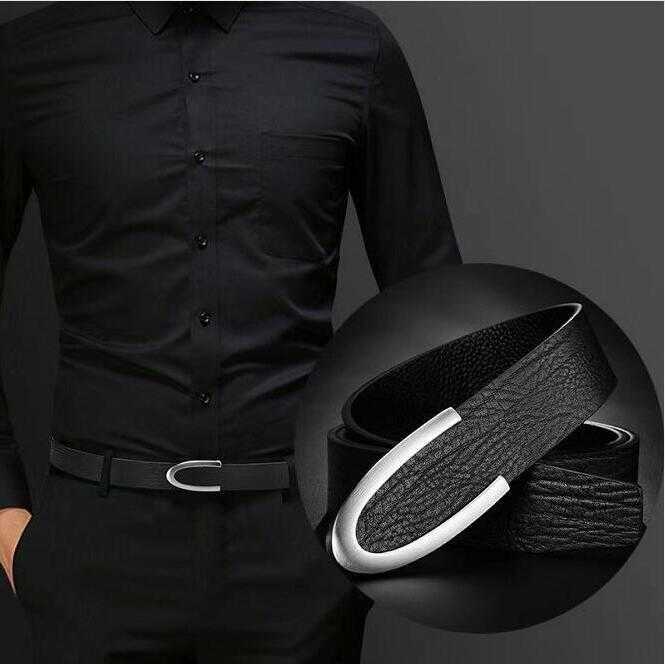 

Men belt leather fashion personality young business leisure cowhide belt middle-aged smooth buckle A2303for man woman, Beige