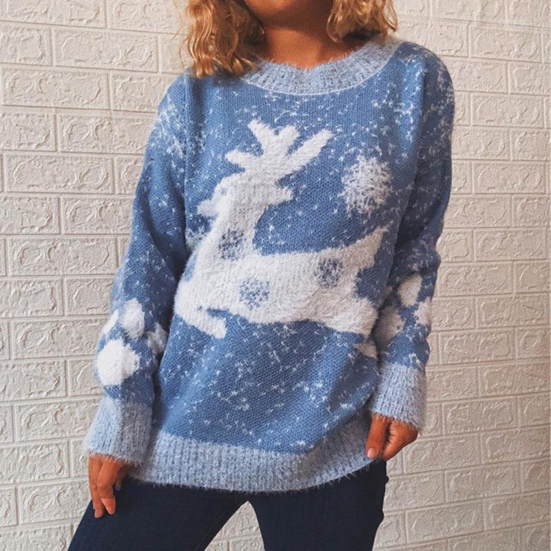 

Women' Sweaters Women' Cartoon Elk Ladies Christmas Pullovers Wool Knit Round Neck Print Long-sleeved Sweater Women Knitted Pull, Blue