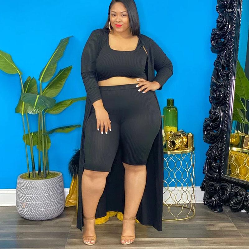 

Tracksuits Three Pieces Set For Women Ribbed Clothing Vest Tops And Shorts Long Sleeve Coat Fall Casual Knitted Plus Size Sets Wholesale, Black
