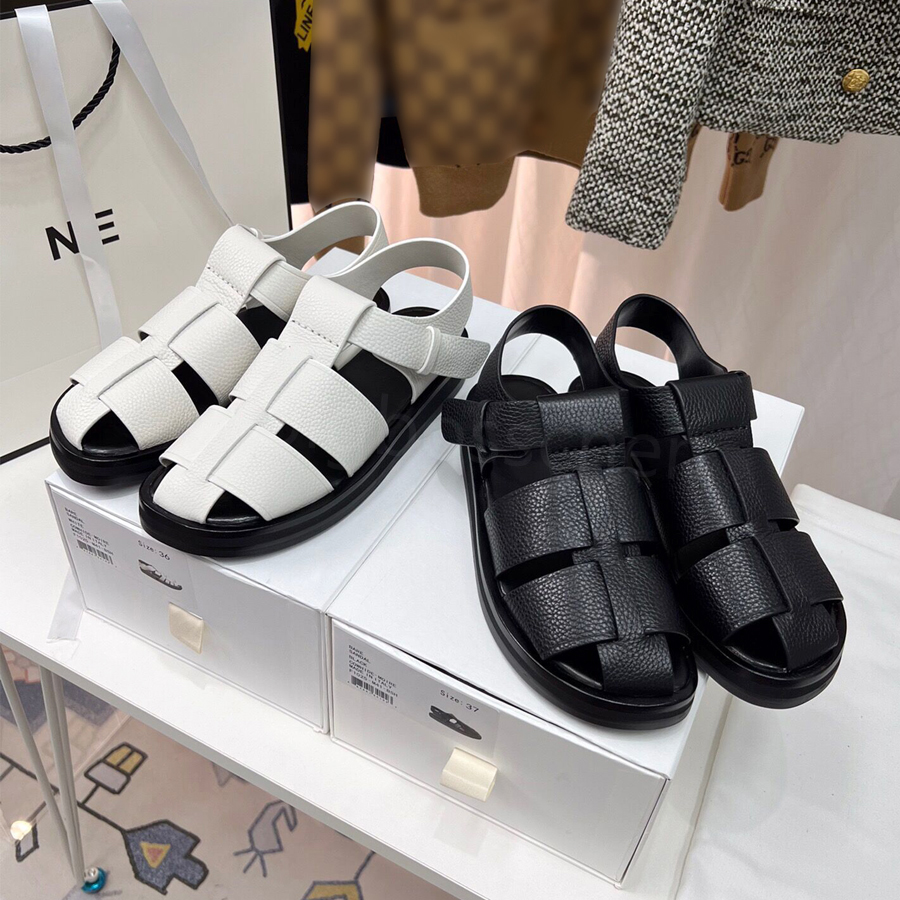 

2023 new summer Roman sandals ladies casual The Row designer classic fashion leather buckle hollow weave flat heel thick bottom formal shoes factory footwear, Black