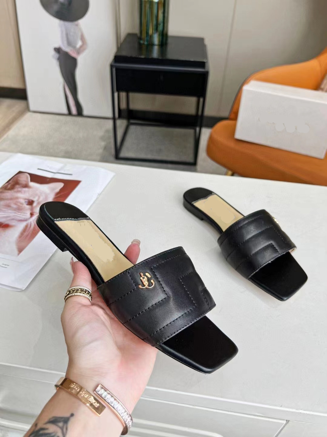 

New style square head flat slippers Cowhide electric embroidery stitching Soft sheepskin lining Classic breathable beautiful comfortable sandals shoes, Brown