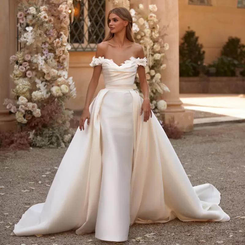 

Sexy V-Neck Mermaid Wedding Dresses for Bridal Off the Shoulder Detachable Train Ivory Satin Vestidos De Novia, Same as image