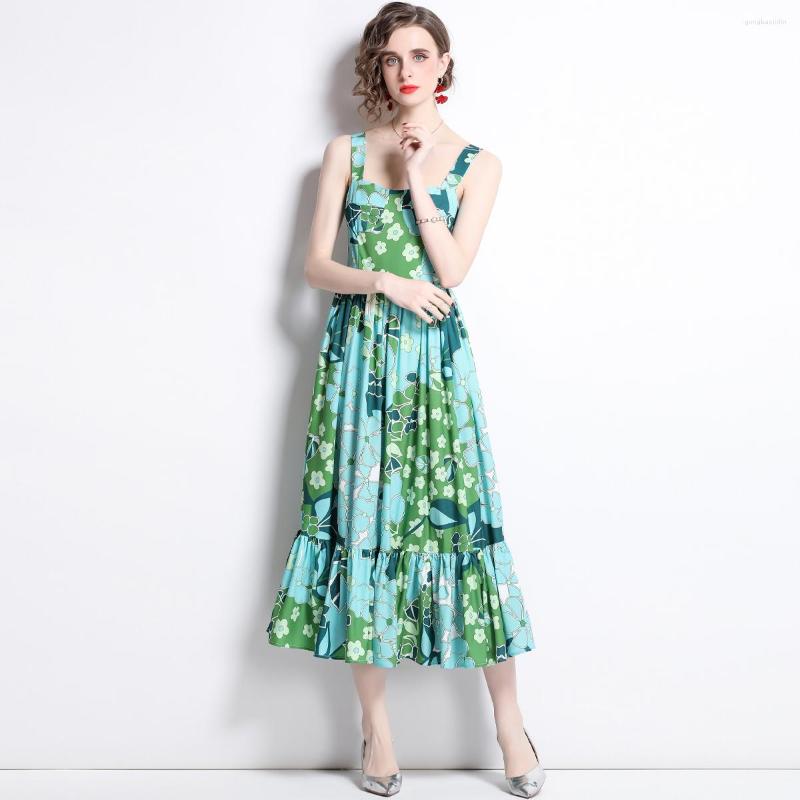 

Casual Dresses Women Summer Elegant Spaghetti Strap Runway Dress Long Cocktail Party Robe Femme Print Streetswear, Green