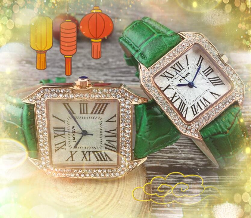 

Popular Diamonds Ring Luxury Man Women Watches Lady Dress Square Roman Dial Three Pins Auto Date Genuine Leather Belt Wristwatch Orologio di lusso Gifts, As pic