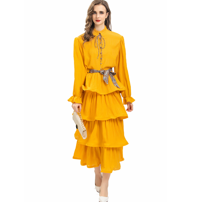 

Women's Runway Two Piece Dress Stand Collar Long Sleeves Shirt with Tiered Ruffles Skirts Twinsets, Multi