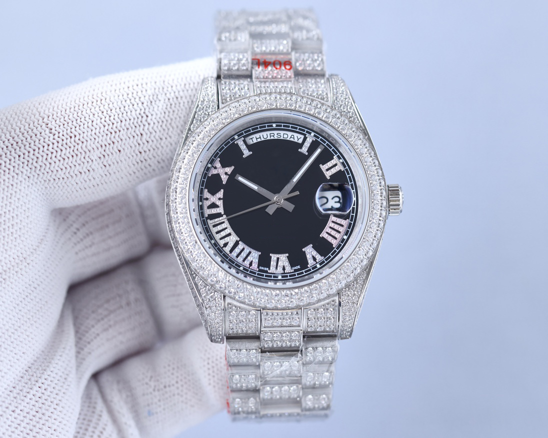 

14 Zircon CZ Daydate Men Iced out watch automatic mechanical 41mm Sapphire glass Self-winding Luminous Stainless Solid just 2813 Full Diamonds