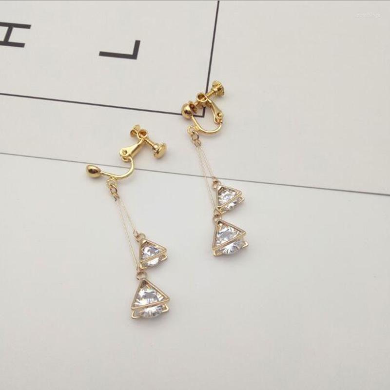

Backs Earrings Grace Jun Fashion Cubic Zircon Long Double Triangle Clip On Without Piercing For Party Wedding Fine Jewelry