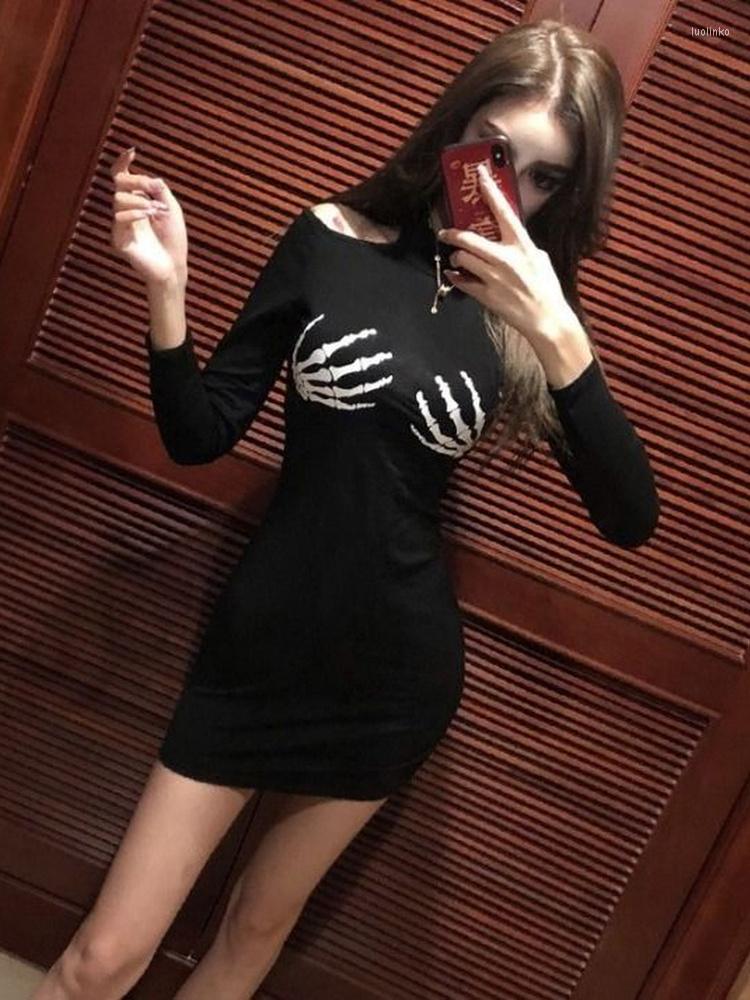 

Casual Dresses 2022 Autumn Punk Woman Off Shoulder Tight Dress Lady Goth Hand Print Cool Sexy Long Sleeve Gothic Fashion Skinny Bodycon, Black