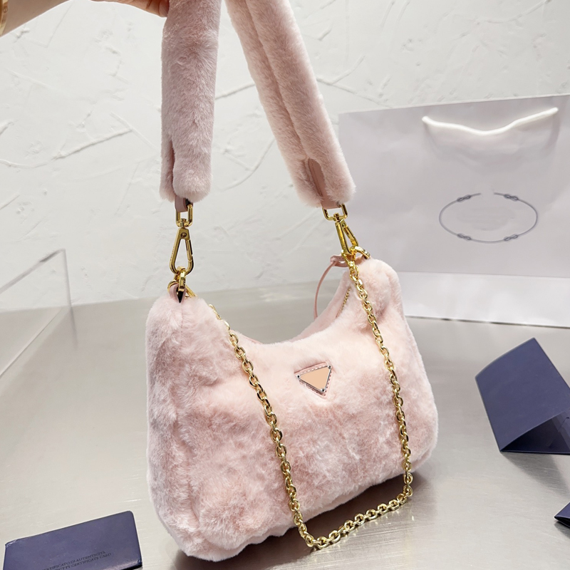 

Hairiness Shoulder Bag Fashion Women Handbags Winter Crossbody Bags Gold Hardware Chain Zipper Closure Key Coin Purse Removable Strap Ladies Hobo Armpit Wallets, Pink