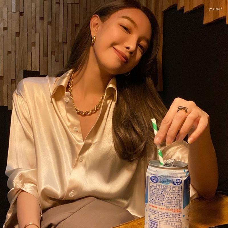 

Women' Blouses Silk Satin Women Elegant Cardigans Button Up Shirt Long Sleeve Top Vintage Office Ladies Sexy Oversize Designer G292