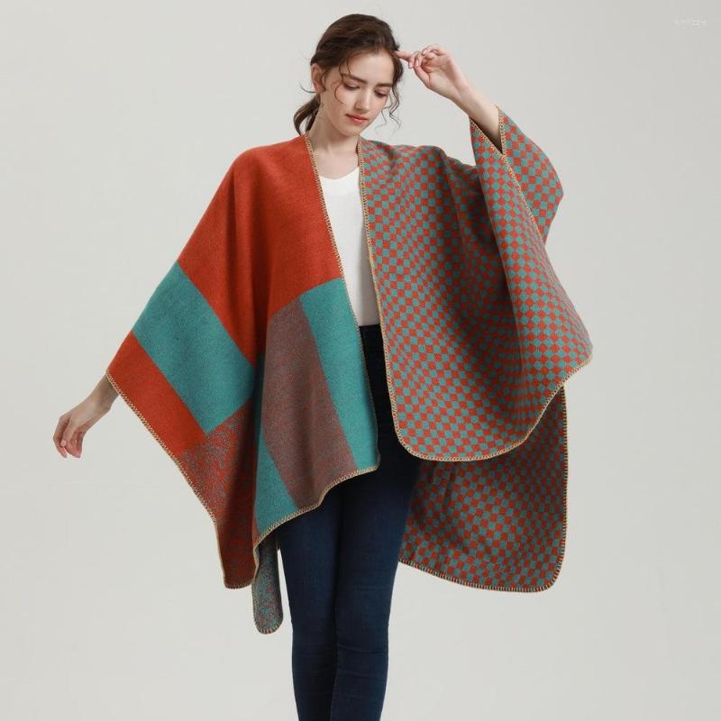 

Scarves Fashion OL Poncho Women's All-match Travel Shawl Autumn Winter Warm Striped Split Thick Plaid Scarf Cape Oversize