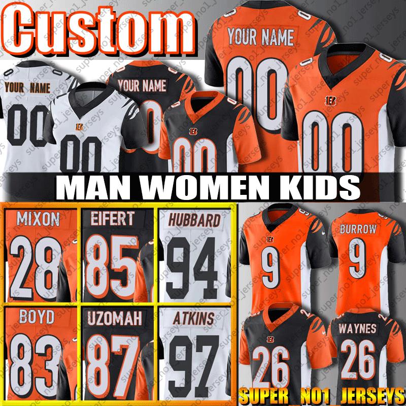 

College wear 9 Joe Burrow Cincinnati Custom Bengals Jersey Man Women Kids 28 Joe Mixon 83 Tyler Boyd 87 C.J. Uzomah 96 Carlos Dunlap Footbal, Youth custom