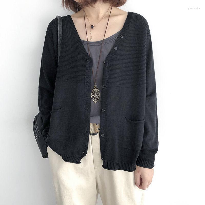 

Women's Knits Solid Loose Knitted Cardigan Sweater For Women Autumn Oversize Long Sleeve V Neck Pocket Coat Female Casual Top, Black