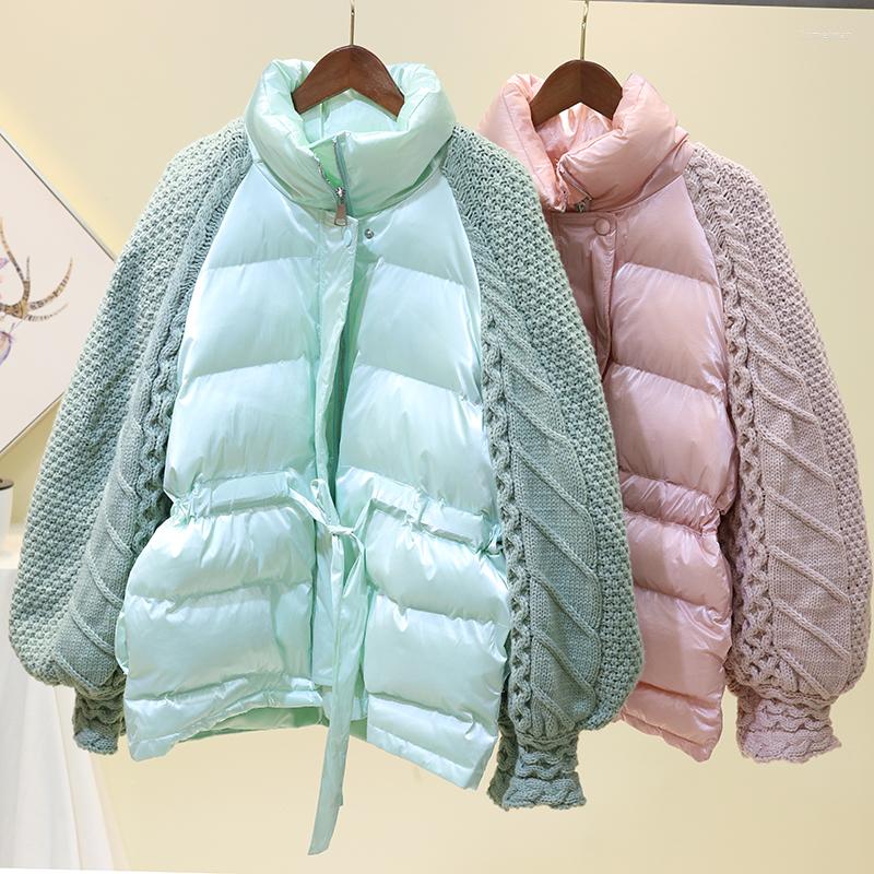 

Women's Trench Coats 2022 Winter Fashion Knitted Lantern Sleeve Coat Women Down Cotton Jacket Casual Stand Collar Windproof Warm Female, Pink