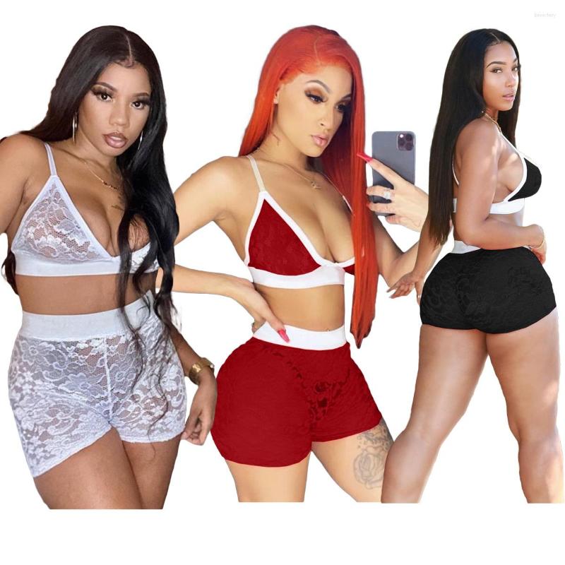 

Women' Tracksuits Sexy Women Two Piece Set Lace Up Crop Tank Top And Short Pants See Through Paert Night Clubwear Summer Clothes For 2022, Black