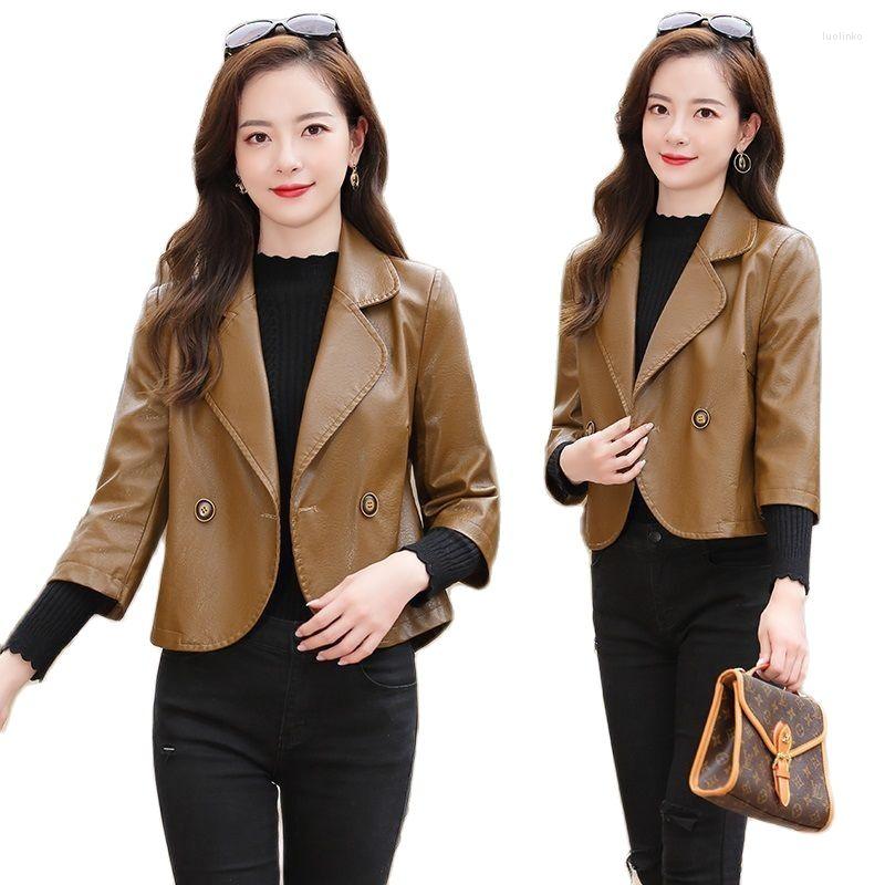 

Women's Fur Spring Autumn Short Leather Jacket Women's Coat Ninth Sleeve Abutton Suit Collar Loose Casual Outerwear, Khaki