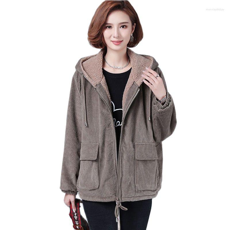 

Women's Trench Coats Ladies Add Velvet Thickening Keep Warm Corduroy Female Coat Autumn Winter 2022 Loose Zipper Hooded Women' Jacket, Brown