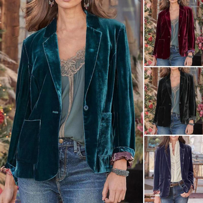 

Women's Suits Long Sleeve Big Pockets Single Button Women Coat Autumn Winter Golden Velvet Lapel Office Suit Jacket Workwear, Black