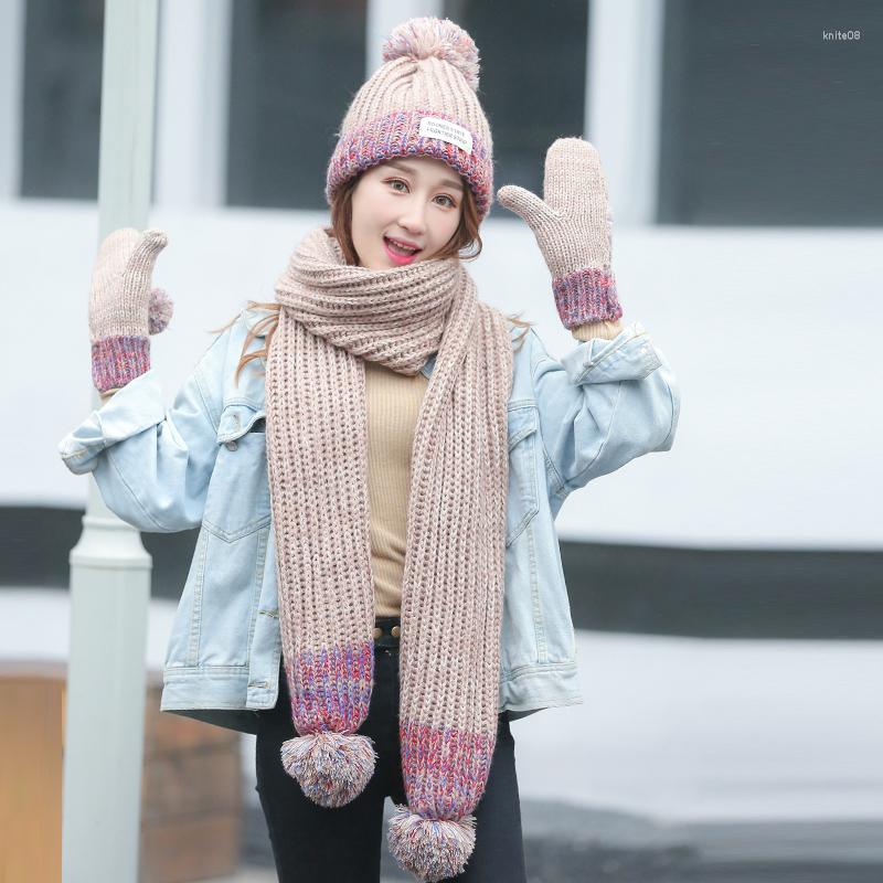 

Scarves Hat Scarf Gloves Three-piece Suit Knit Cap Plus Cashmere Winter Girls Wool Thickened Collar