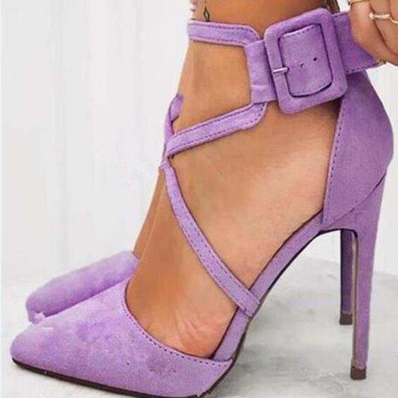 

Dress Shoes Lavender Purple Woman High Heel Pointed Toe Belt Buckle Cross Strap Real Pos, Picture shown