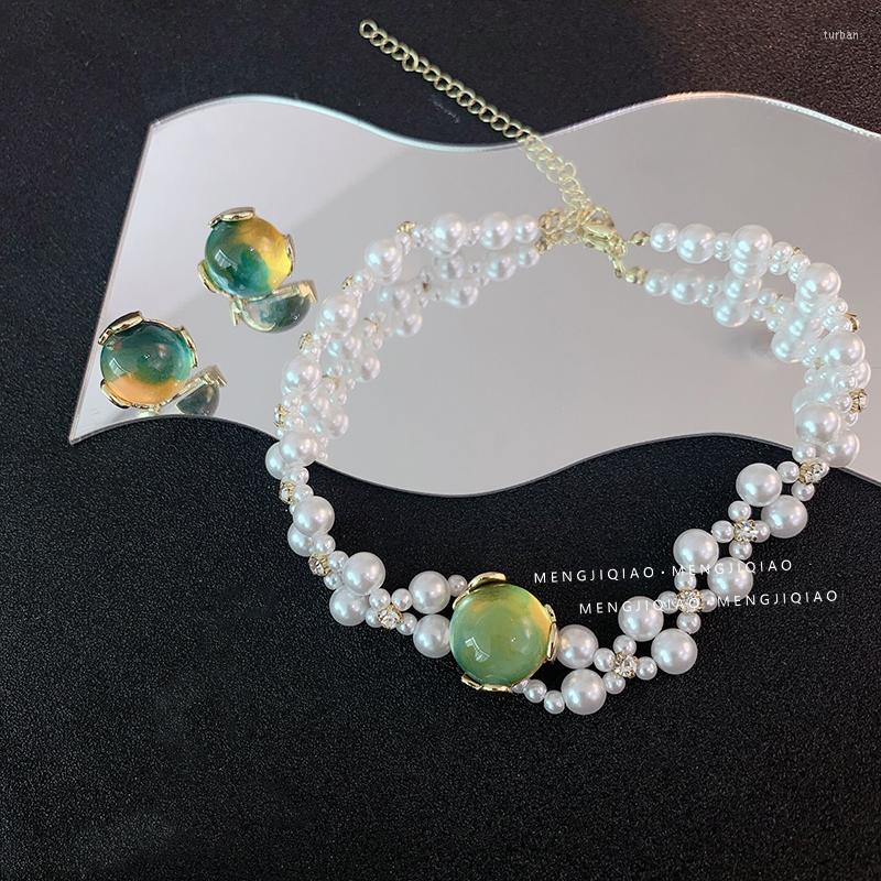 

Necklace Earrings Set French Retro Gradient Green Yellow Round Glass Pendant Stud For Women Elegent Pearl Chain Baroque Choker 2022, Picture shown