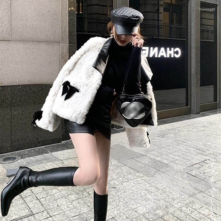 

Women' Fur Women 2022 Winter Faux Lamb Coat Female Warm Artificial Casual Overcoat Ladies Elegant Leather Patchwork Jacket C514, White