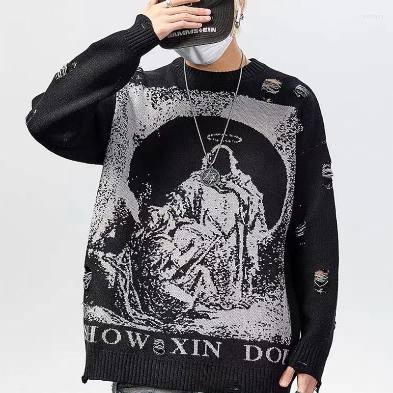 

Men's Sweaters Unisex Send Necklace Harajuku Priest Salvation Printed Knitted Men Hip Hop Destroyed Hole Ripped Pullovers Oversized, Heise