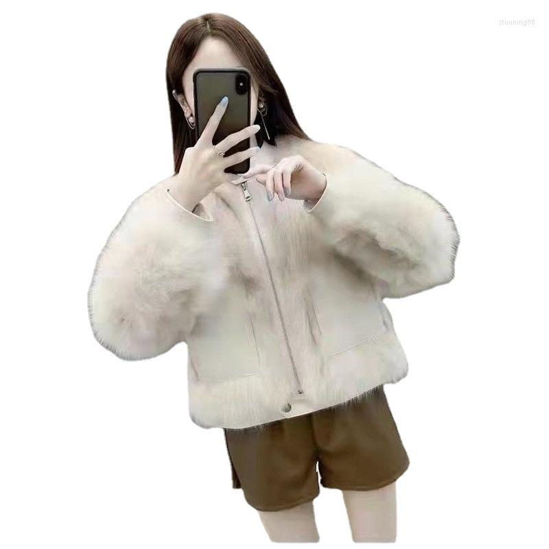 

Women' Fur 2022 Temperament Trend High-quality Faux Jacket Fashion Coats Stand-up Collar Short Young Women Coat Winter Tide, Beige white
