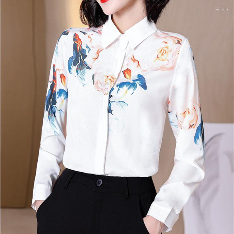 

Women' Blouses Silk Women Shirts Satin Floral Long Sleeve Blouse Printing Button Up Shirt 2022 Fashion Office Lady Clothing Ladies Tops, White