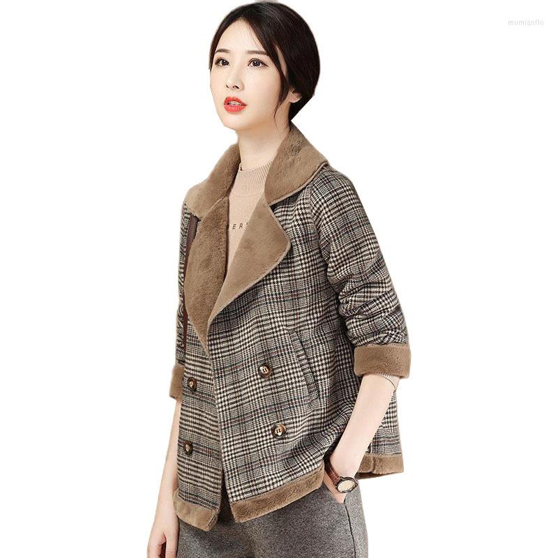 

Women's Wool Warm Parka Plaid Velvet Thicken Short Jacket Women's Winter 2022 Woolen Coat Female Loose Outwear Casual Tops Overcoa