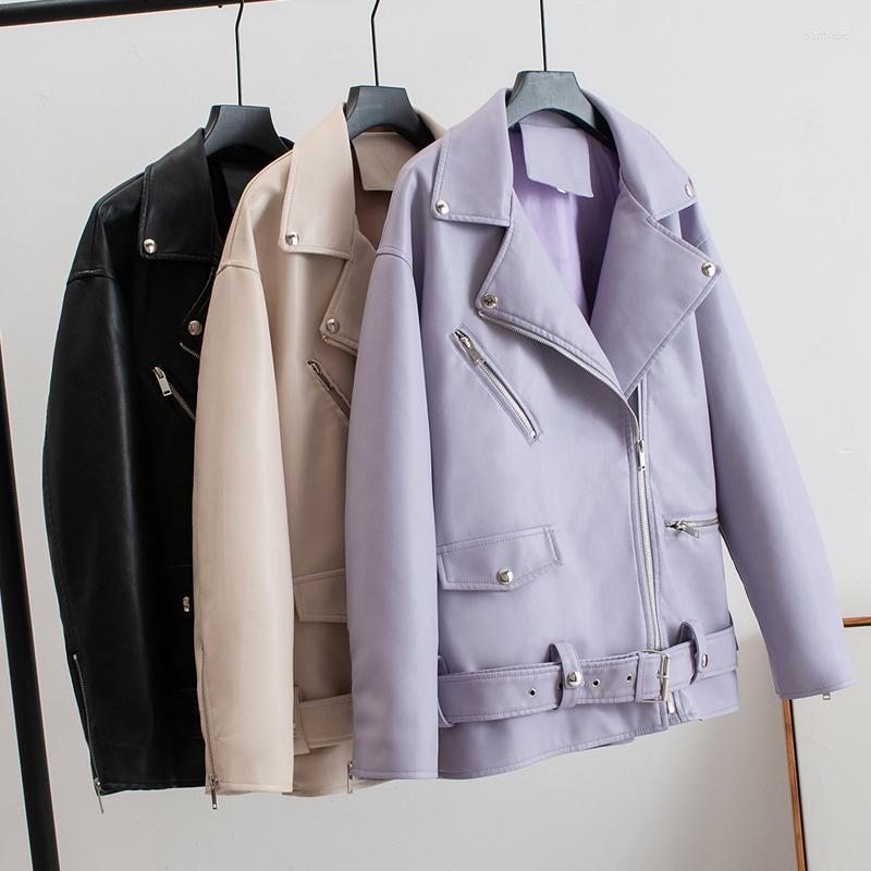

Women' Leather 2022 Women PU Jackets With Belt Oversized Korean Motorcycle Faux Fashion Causal Outerwear, Black