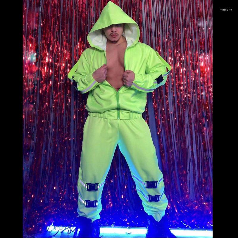 

Men' Tracksuits Fluorescent Green Hooded Jacket Pants Overalls Suit Loose 2-Pieces Set Hip Hop Singer Dancer Bands Stage Performance